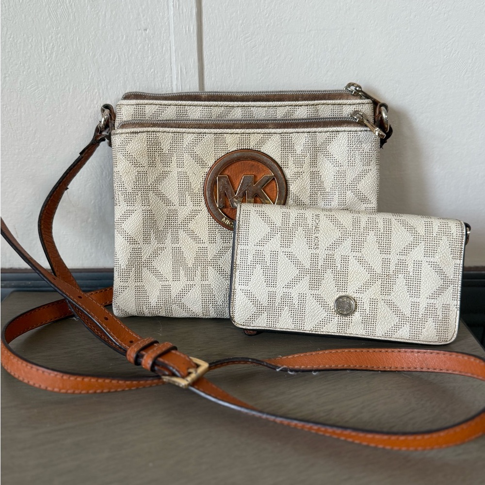 Michael Kors Cream and Brown Crossbody Bag with Wallet